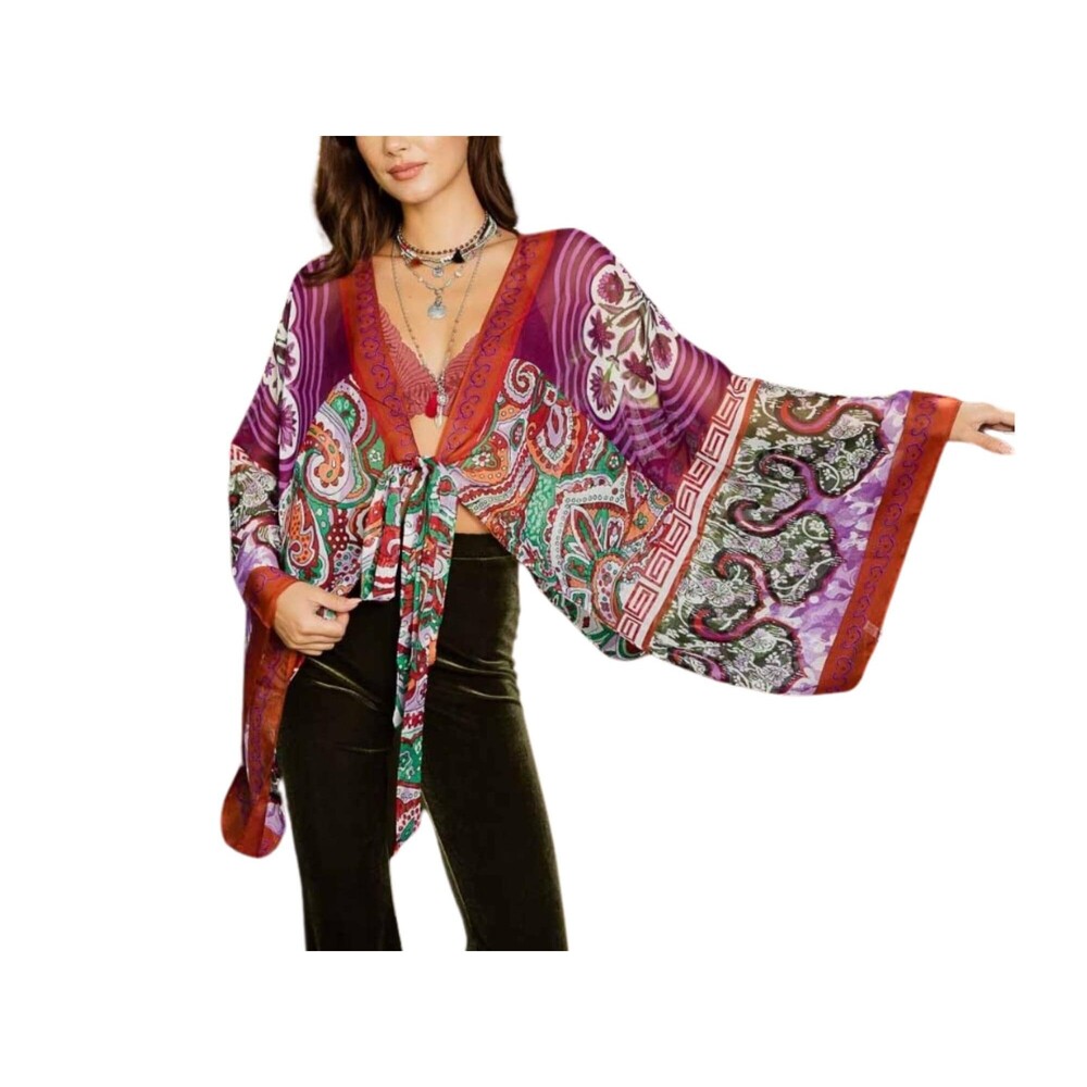 Boho Tie Front Wrap With Armholes Red Green Maroon  Layering Beach Scarf Shawl